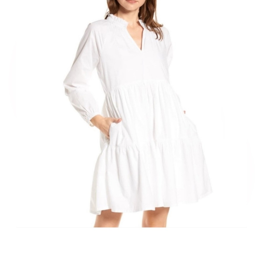 New J.Crew Poplin Tiered Popover Split Neck Long Sleeve A Line Shift Dress